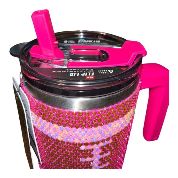 "Hot PINK" Football BLING RHINESTONE tumbler cup lid & handle 40 ounce oz - Picture 7 of 8